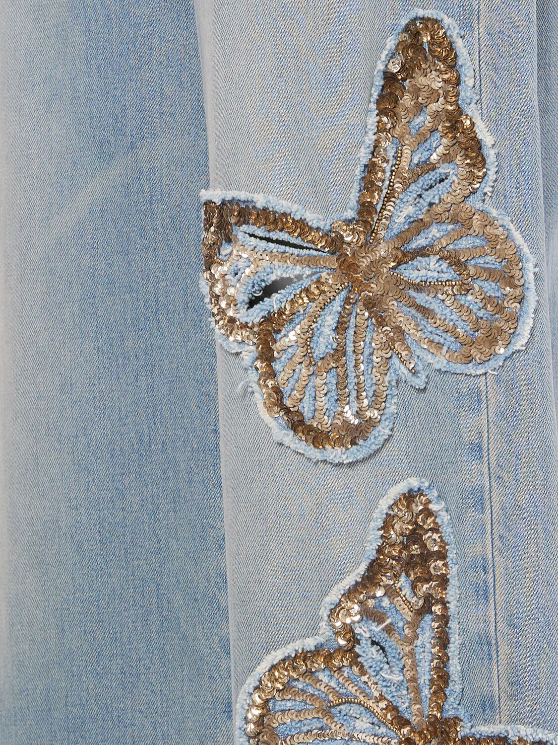 Shop Blumarine Butterfly Mid Rise Wide Denim Jeans In Blue