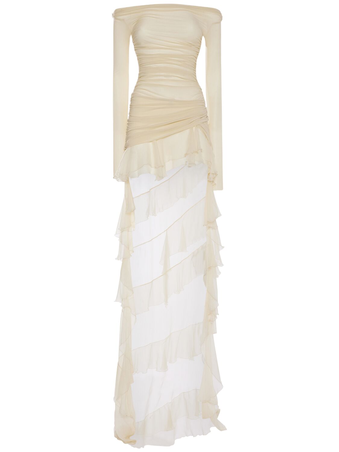 Blumarine Ruffled Chiffon Off-the-shoulder Dress In Light Beige