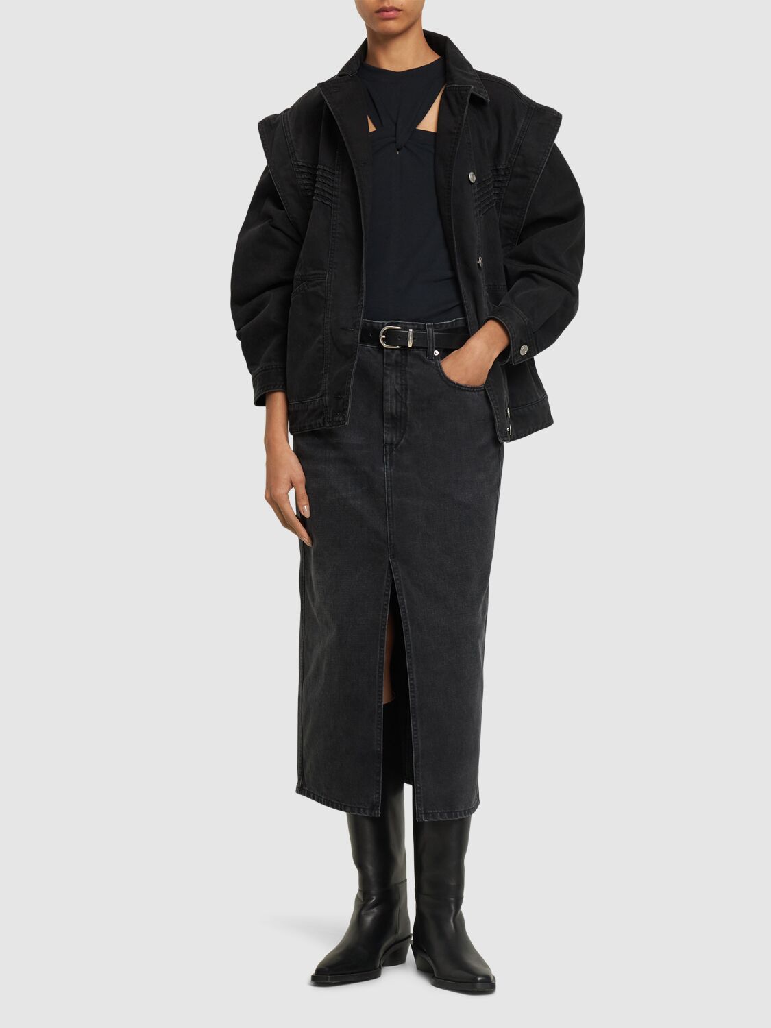 Shop Isabel Marant Julicia High Waisted Slit Midi Skirt In Washed Black