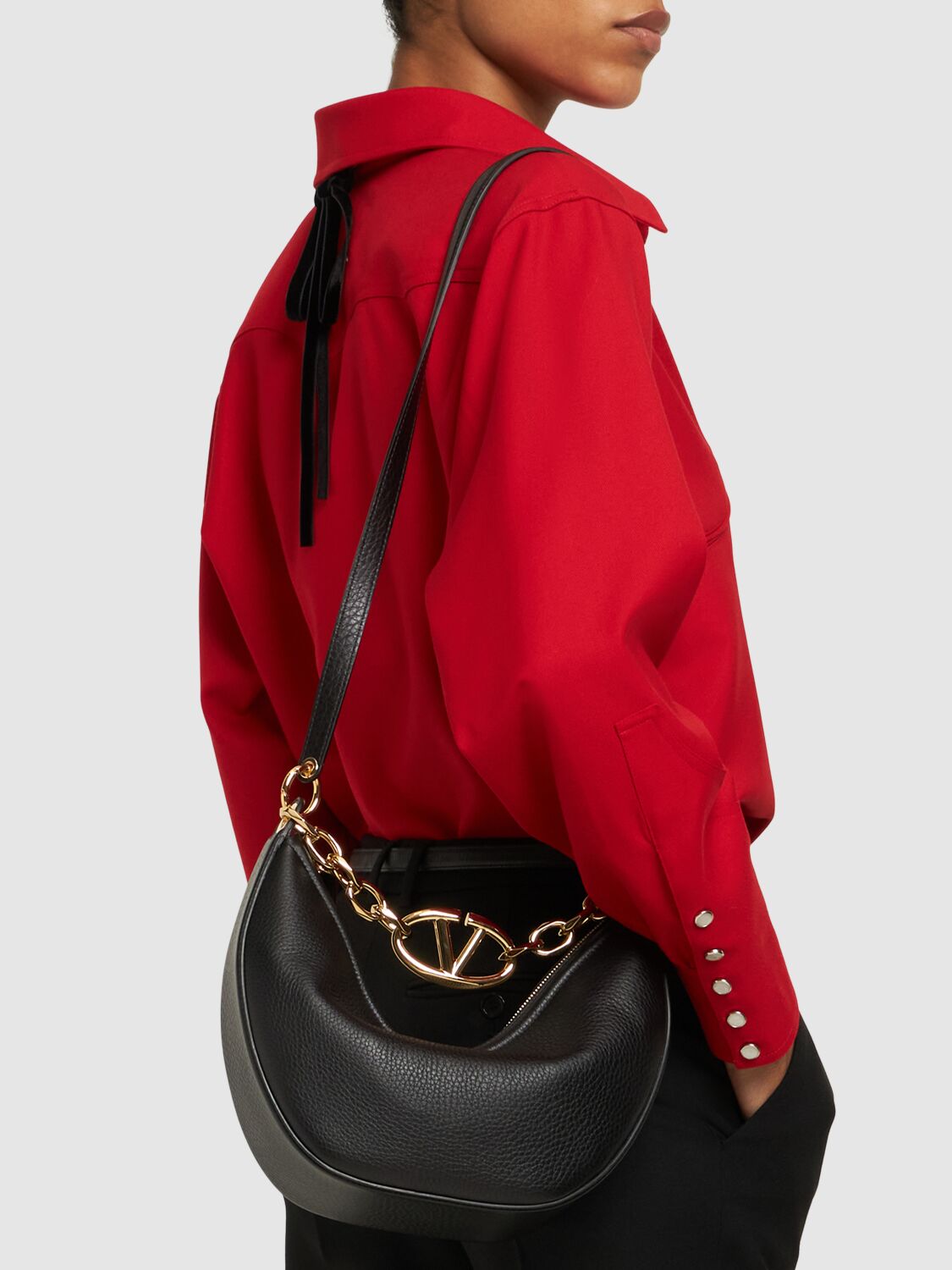 Small V Logo Gate Leather Top Handle Bag