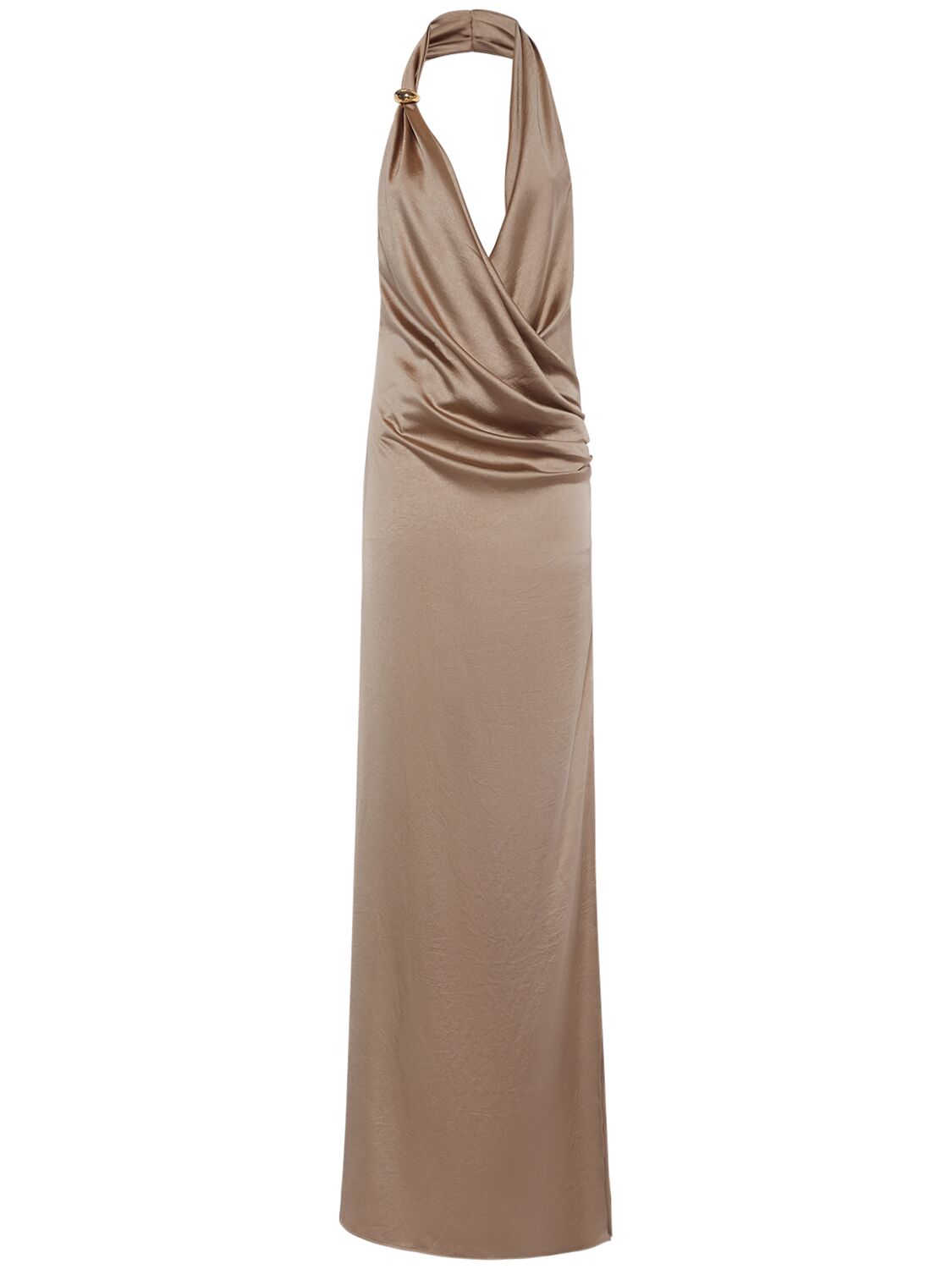 Shop Blumarine Satin Halter Neck Long Dress In Bronze