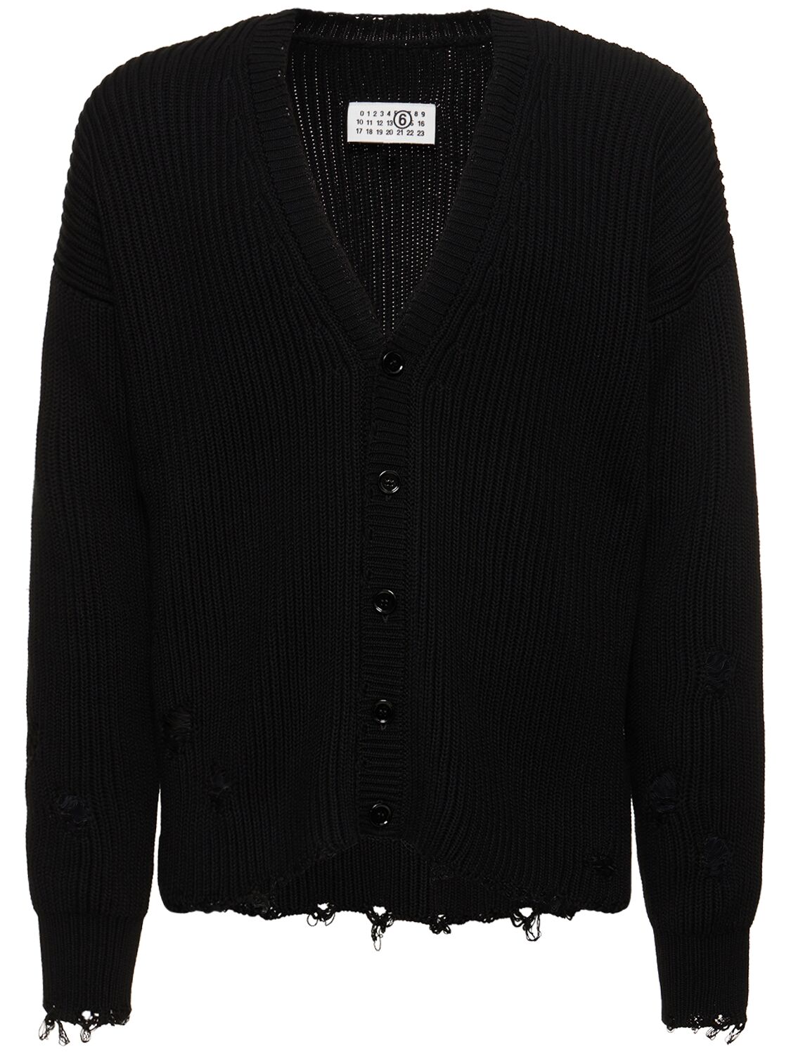 Mm6 Maison Margiela Distressed Cotton Knit Cardigan In Black