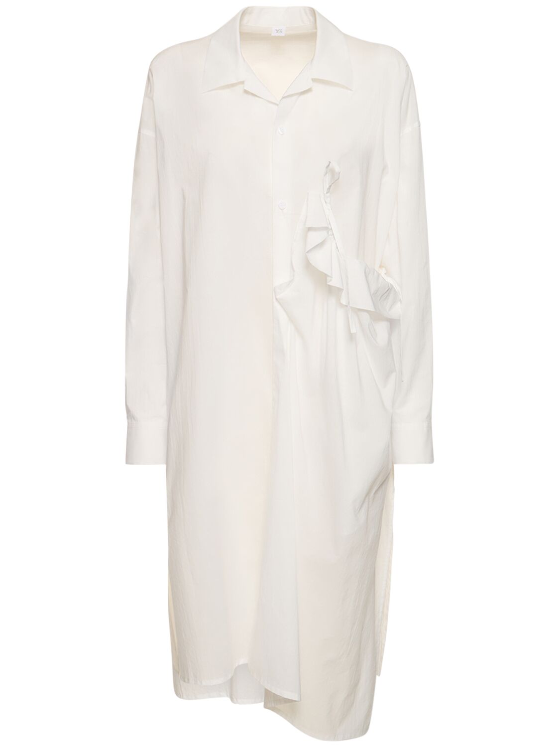 Image of Asymmetric Gathered Cotton Midi Dress