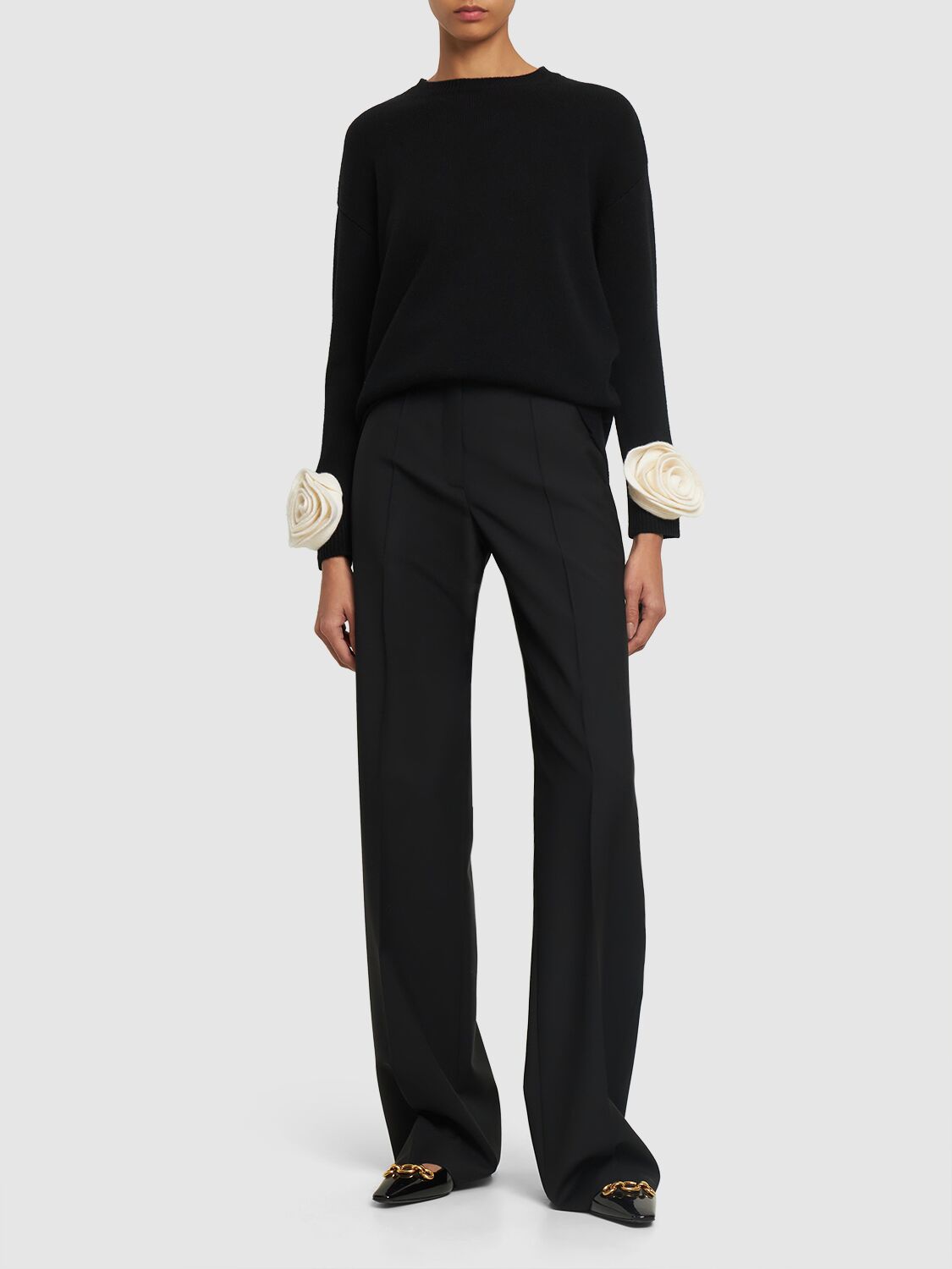 Shop Valentino Wool Knit Sweater W/ Collar And Roses In Schwarz,weiss