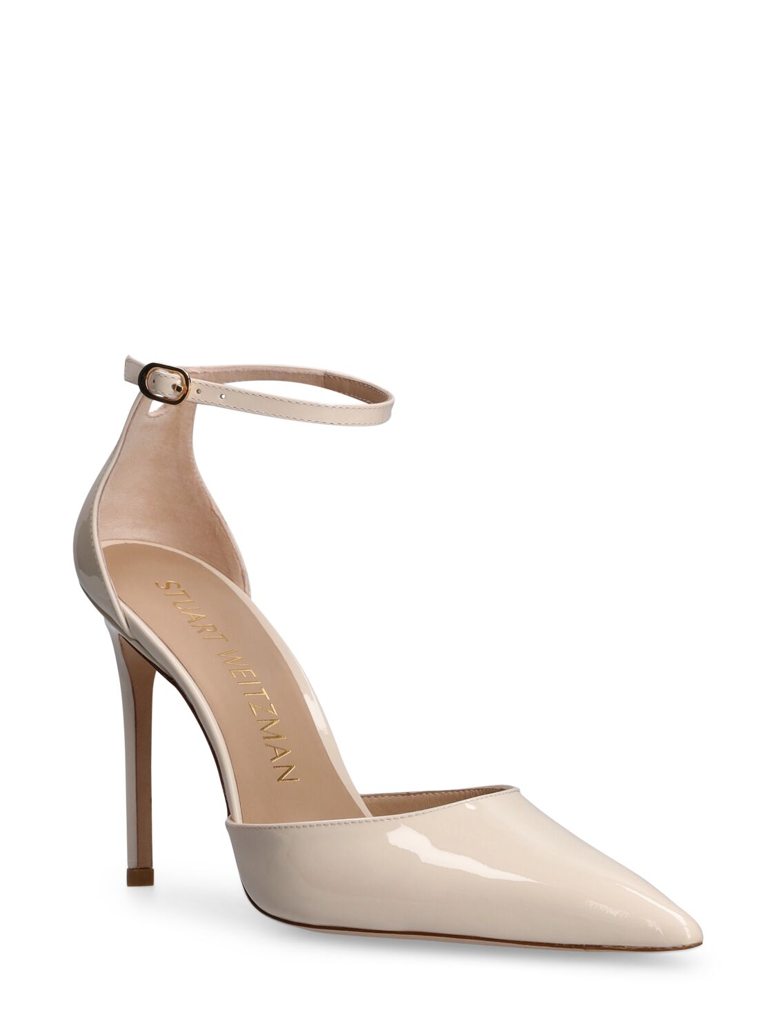 Shop Stuart Weitzman 100mm Stuart Patent Leather Pumps In Cream