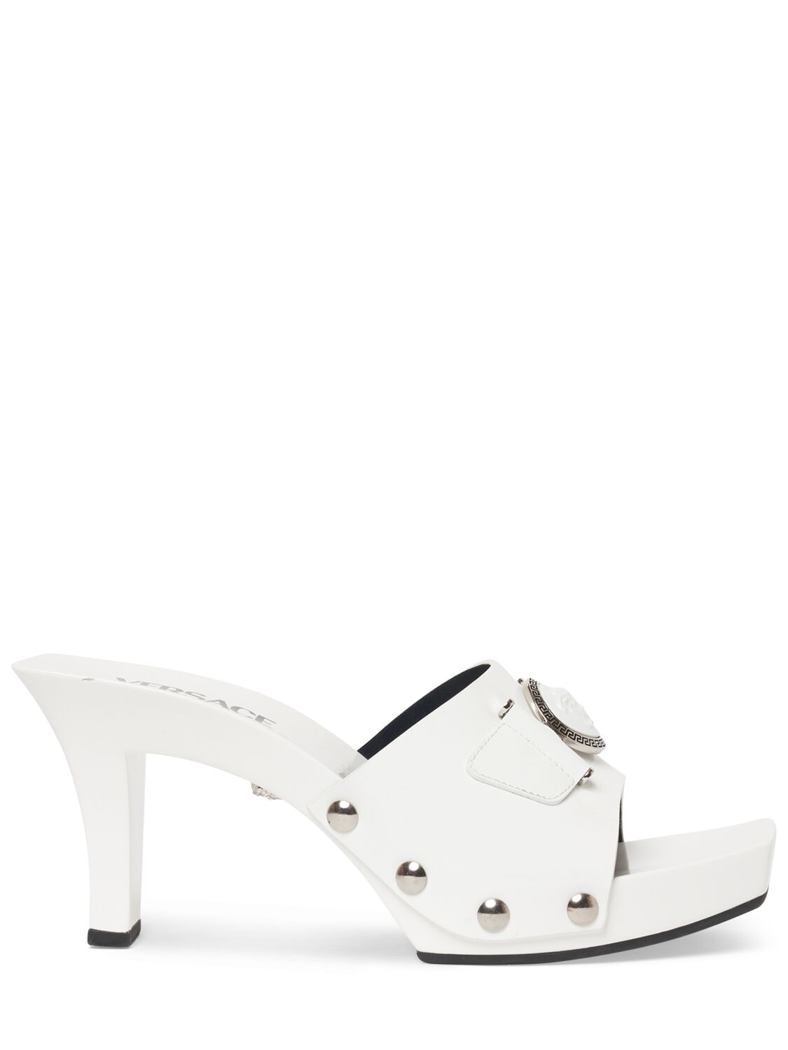 Versace 60mm Patent Leather Clogs In Off White