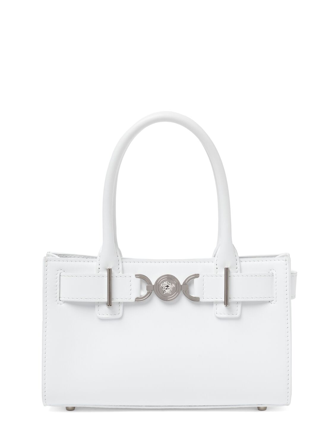 Versace Small Leather Top Handle Bag In White Optical