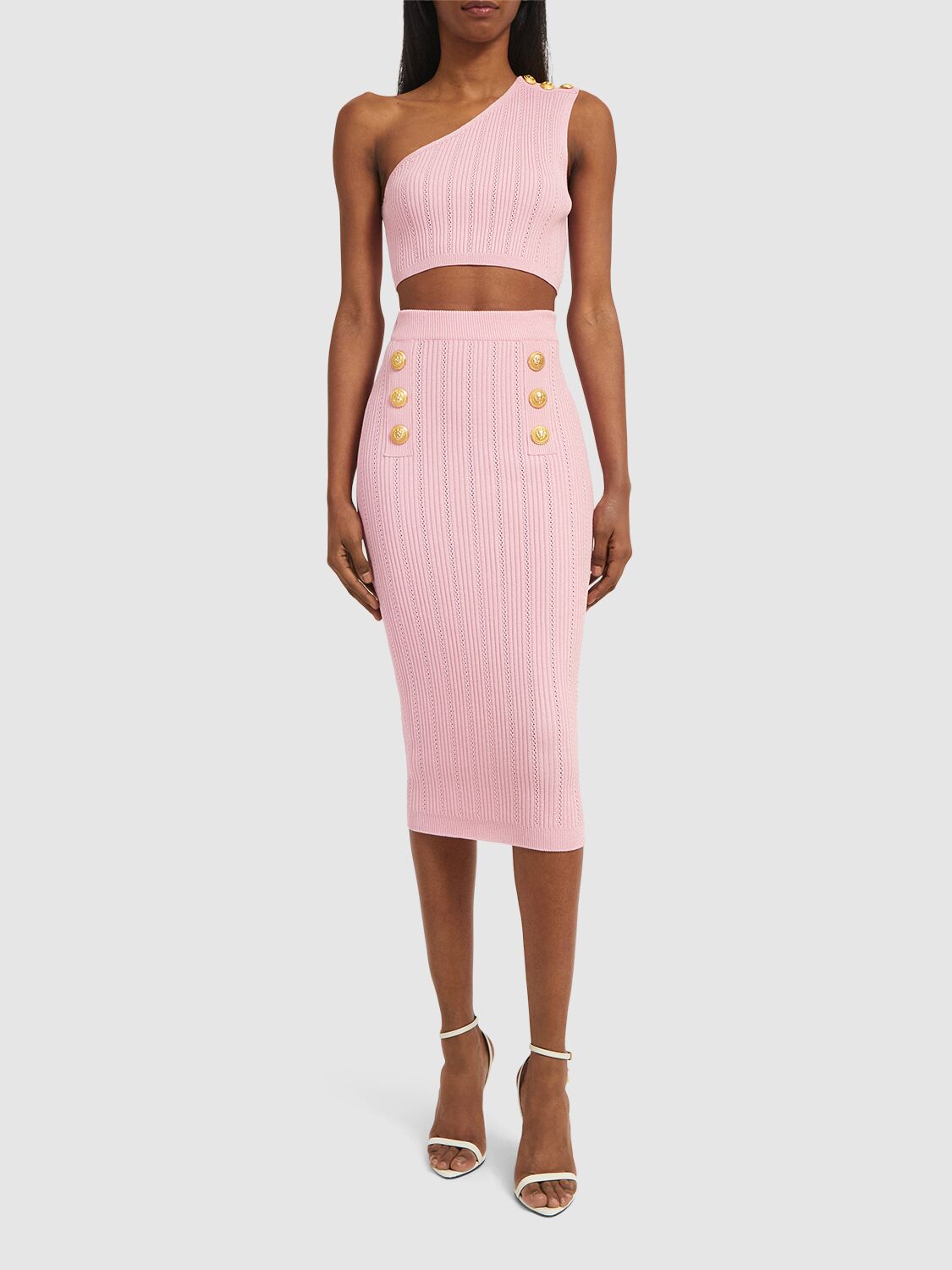 Shop Balmain Viscose Knit Midi Skirt In Pink
