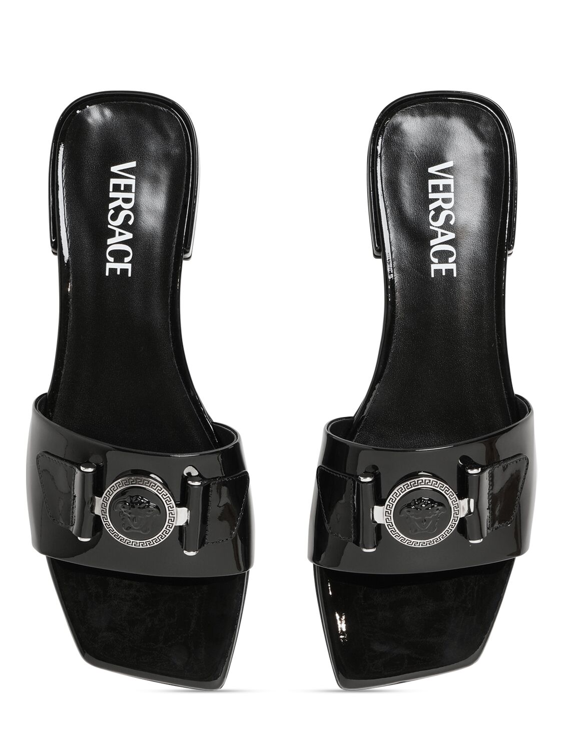 Shop Versace 10mm Patent Leather Mules In Black