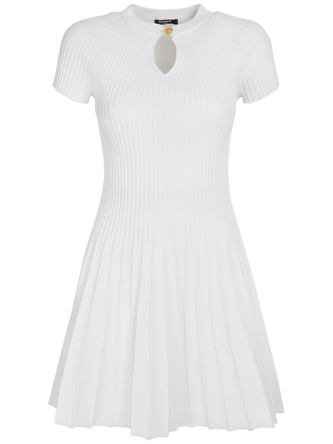 Balmain Pleated Knit Short Sleeve Mini Dress In White