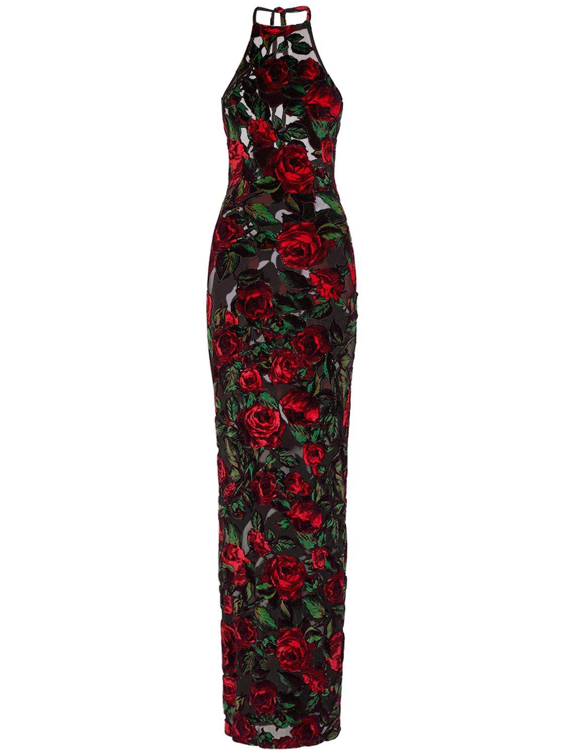 Balmain Rose Velvet Halter Neck Long Dress In Multi,black