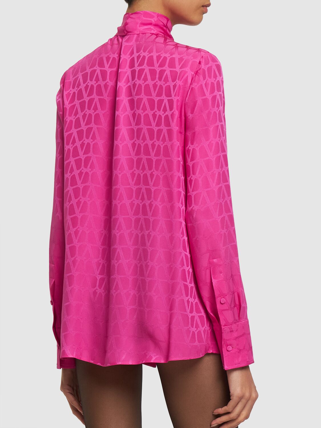 Shop Valentino Silk Jacquard Logo Shirt W/scarf In Pink