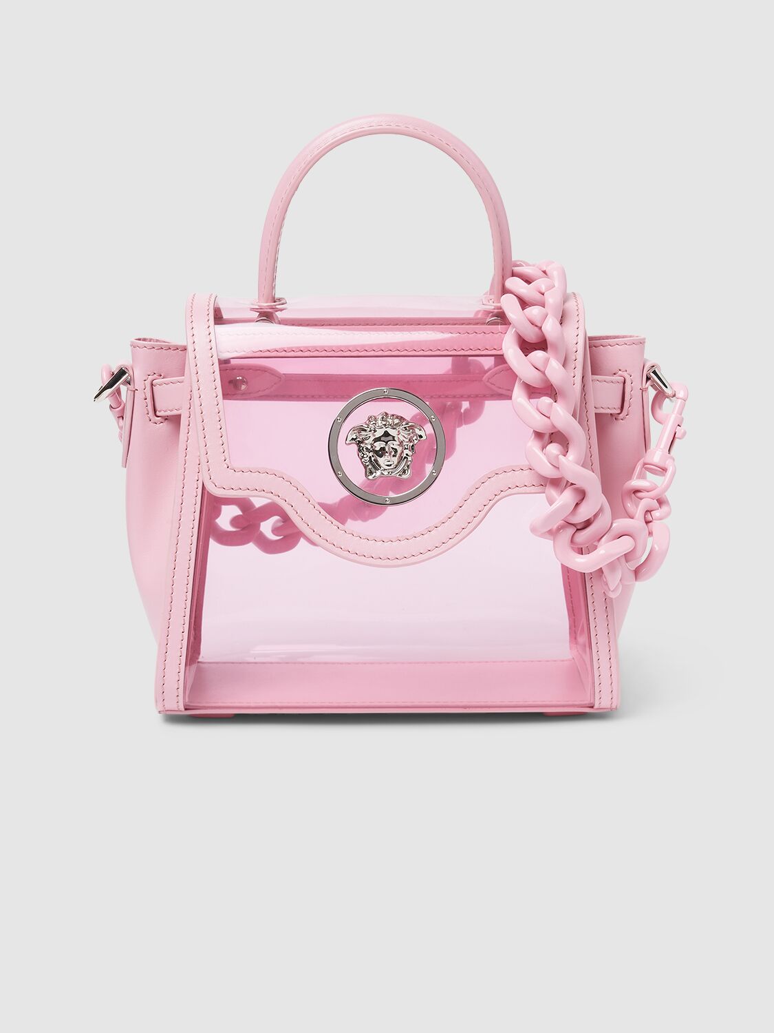 Shop Versace Transparent Plexi Top Handle Bag In Pink,palladium