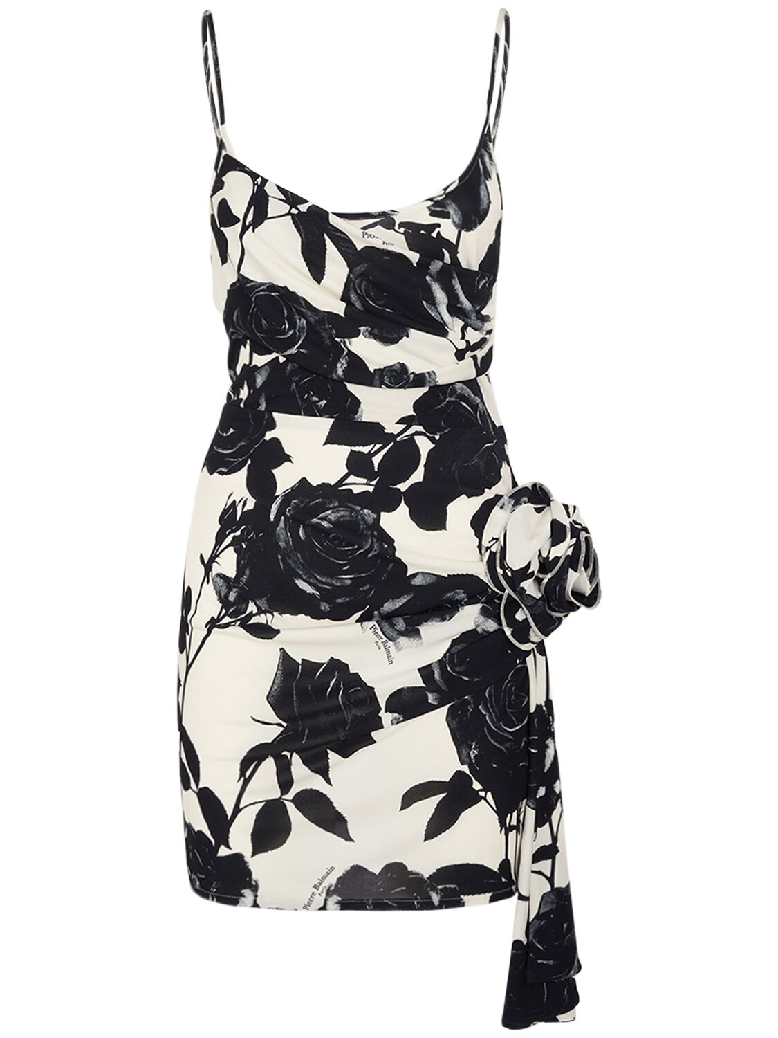 Shop Balmain Draped Rose Print Mini Dress In White,black