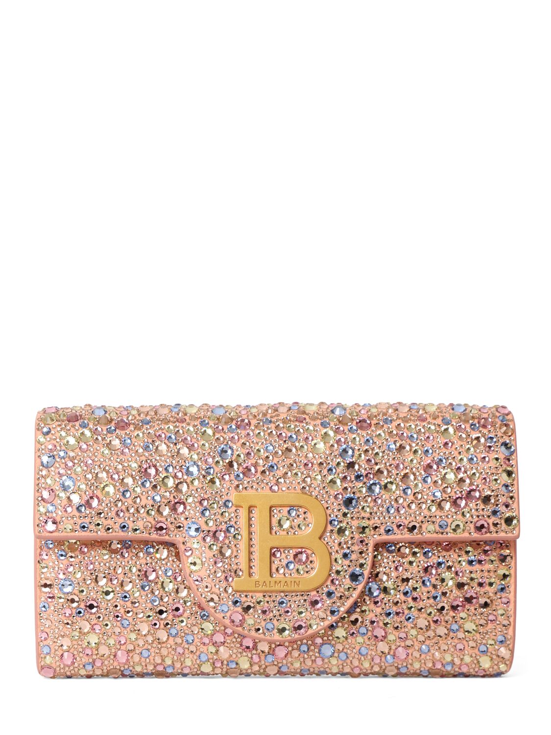Balmain B-buzz Suede Leather & Crystal Clutch In Blue Pale,rose