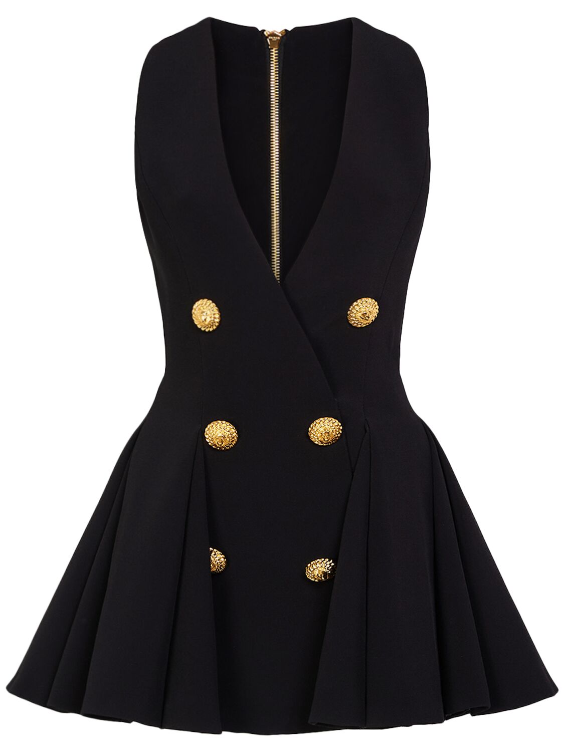 Balmain Pleated Crepe V-neck Mini Dress In Black