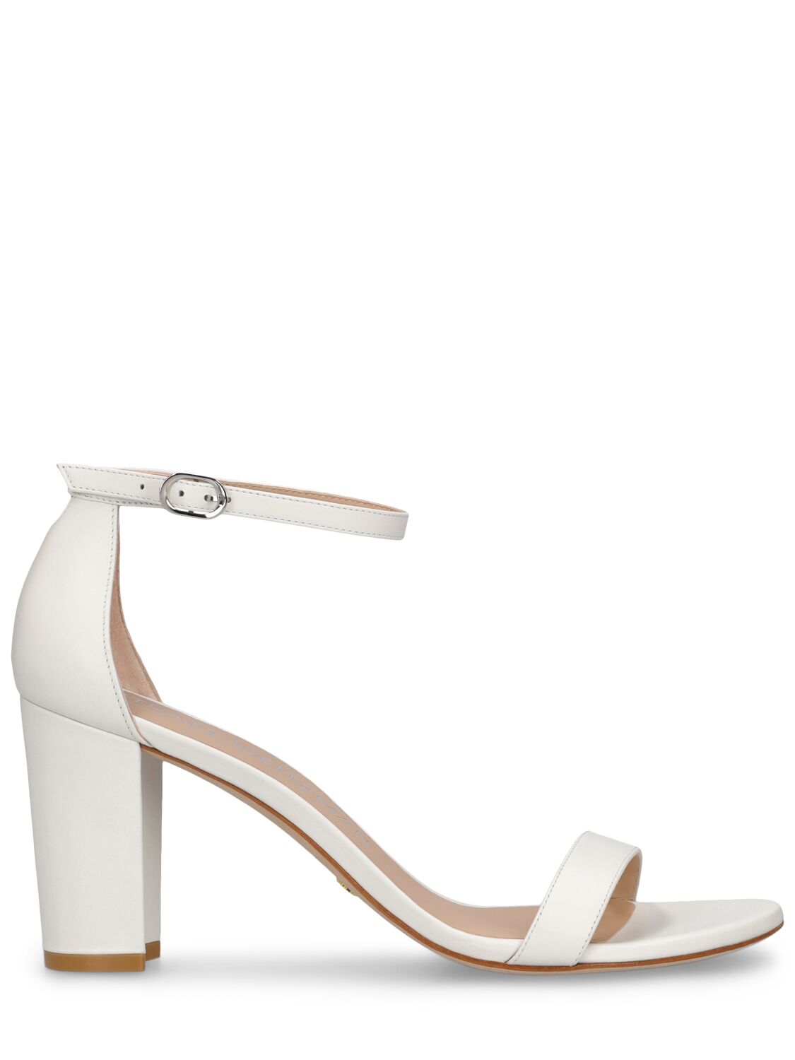 Shop Stuart Weitzman 80mm Nearly Nude Leather Sandals In White