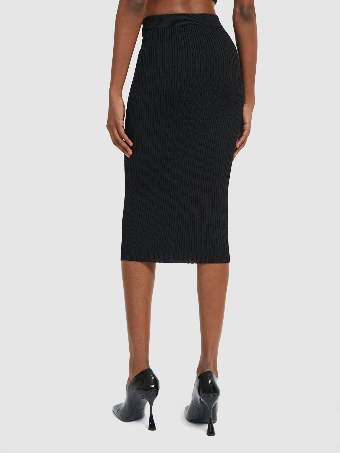 Shop Balmain Viscose Knit Midi Skirt In Black