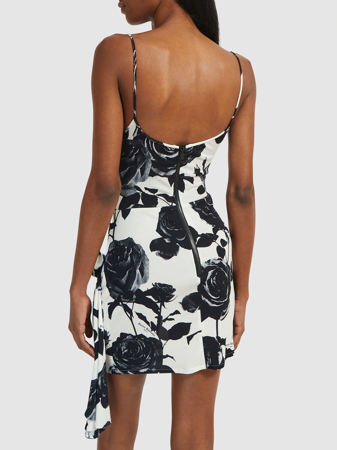 Shop Balmain Draped Rose Print Mini Dress In White,black