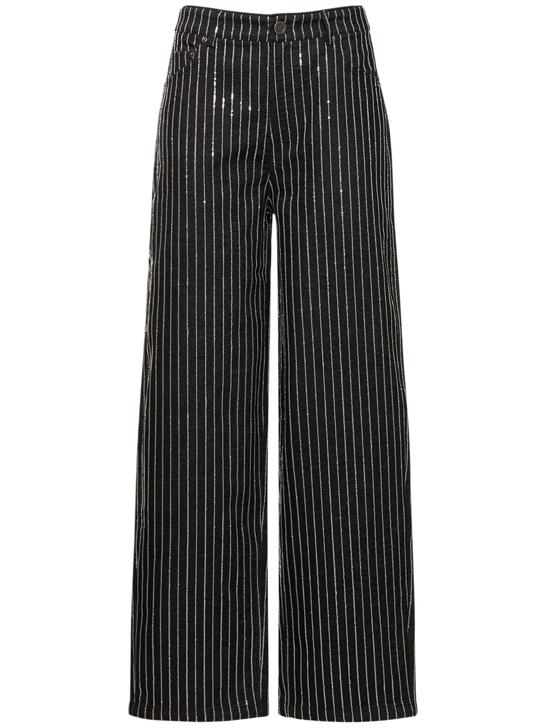 Shop Rotate Birger Christensen Sequined Cotton Twill Wide Pants In 블랙