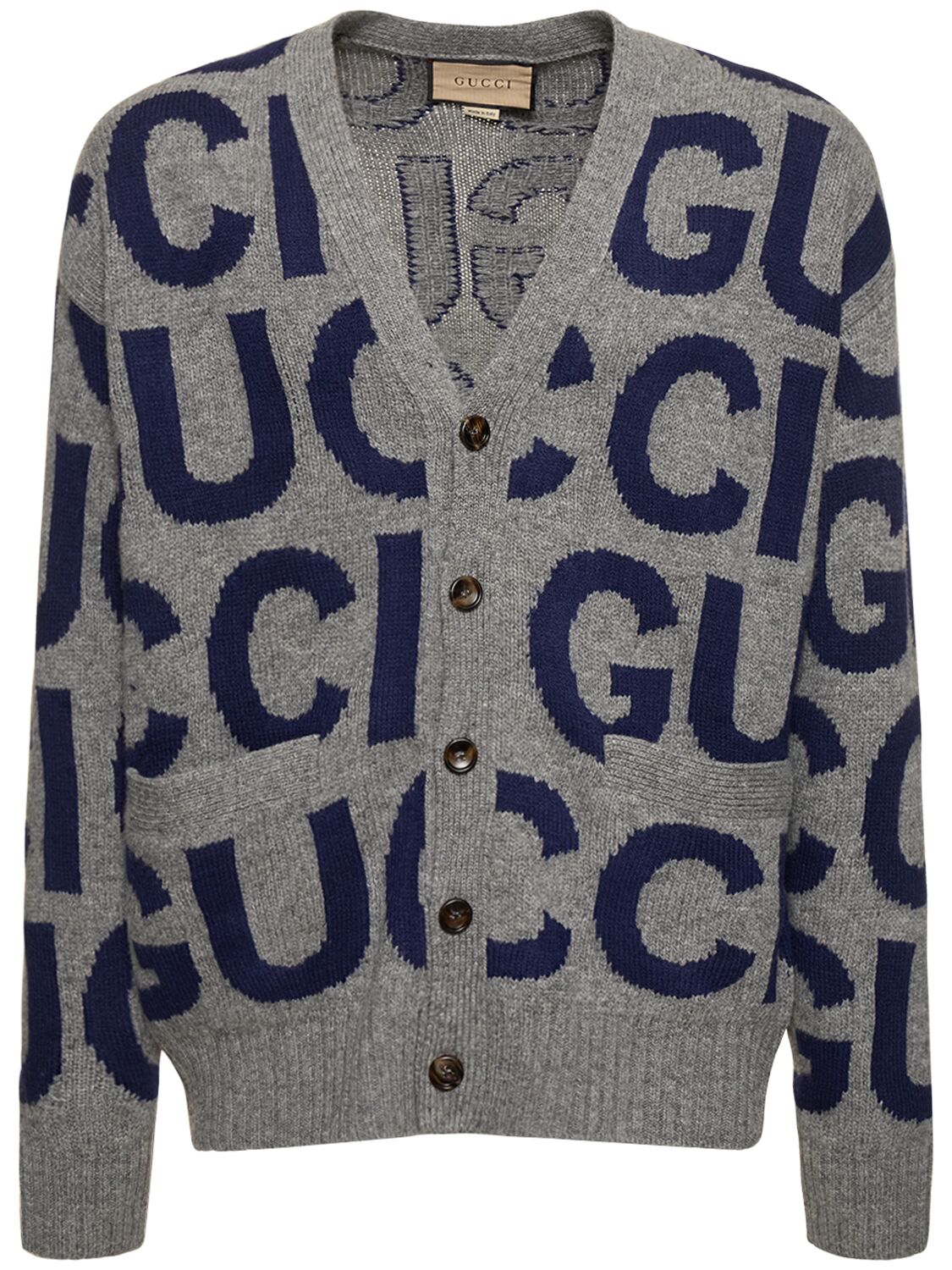 Gucci Gg Logo Soft Wool Cardigan In Grey,blue