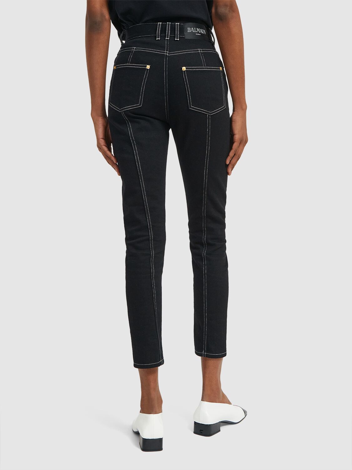 Shop Balmain 5-pocket Grid Denim Skinny Jeans In Black