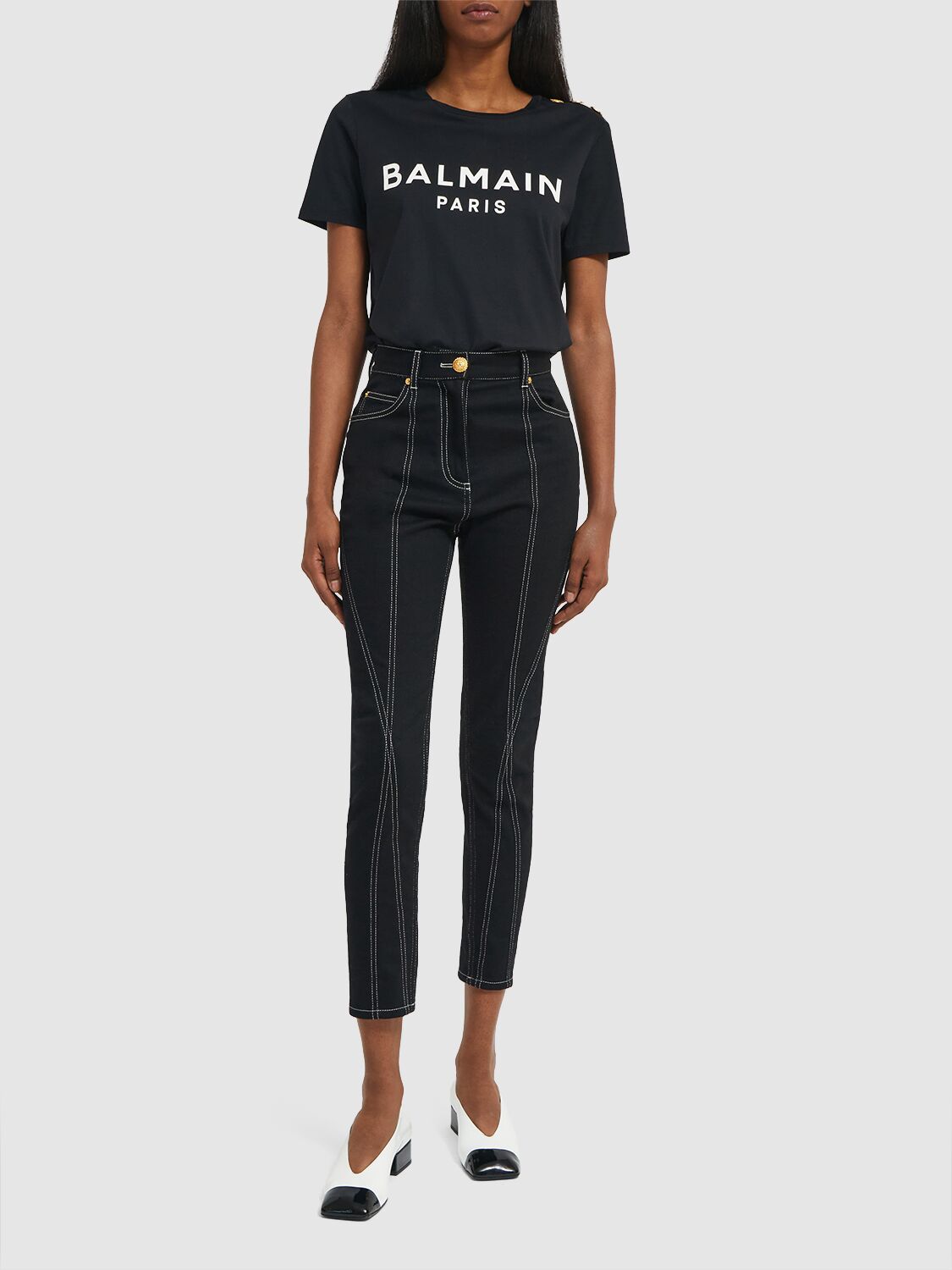 Shop Balmain 5-pocket Grid Denim Skinny Jeans In Black