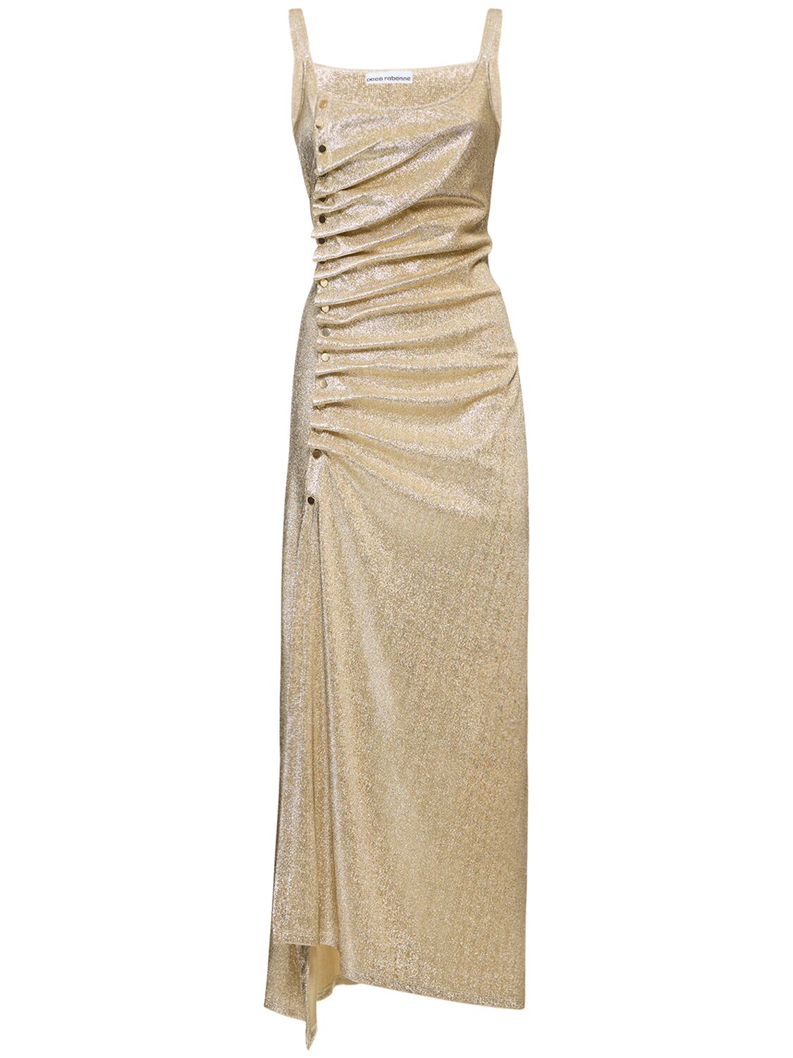 Rabanne Lurex Jersey Side Buttons Gathered Dress In Gold
