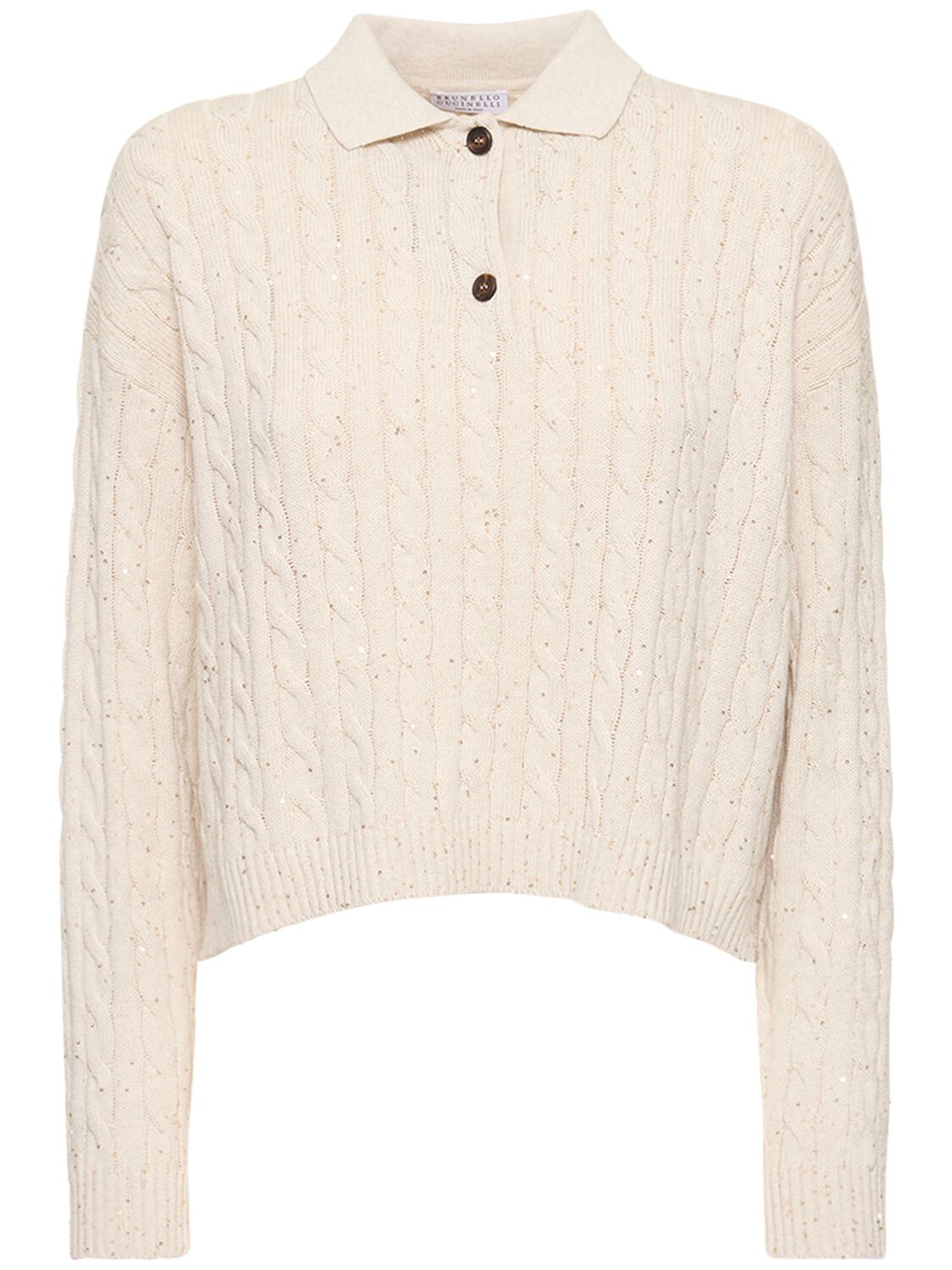 Image of Cotton Blend Cable Knit Polo Sweater