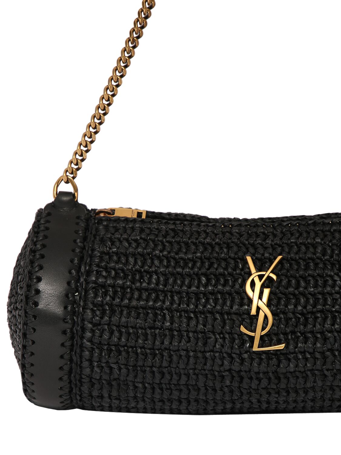 Shop Saint Laurent Small Cassandre Raffia Shoulder Bag In Black