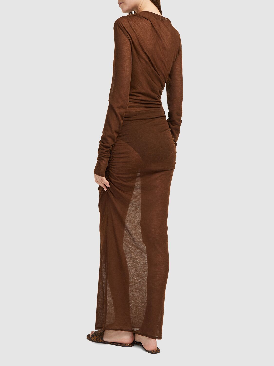 Shop Saint Laurent Transparent Wool Blend Long Dress In Marron
