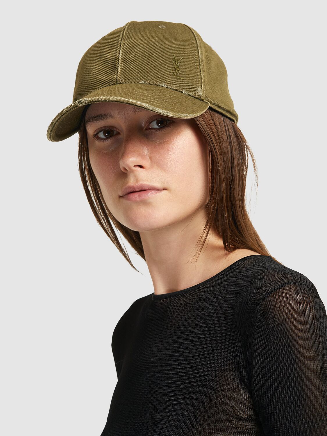Shop Saint Laurent Washed Denim Hat In Khaki