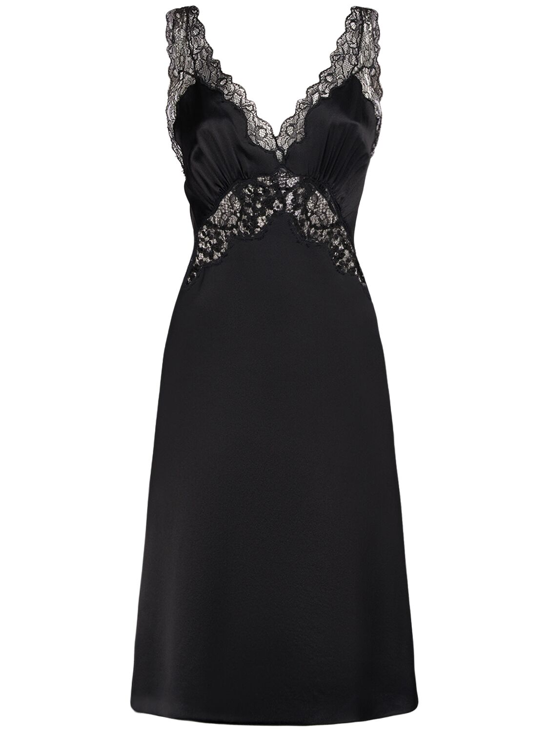 Saint Laurent Crepe Satin Night Dress W/ Lace Trim In Black