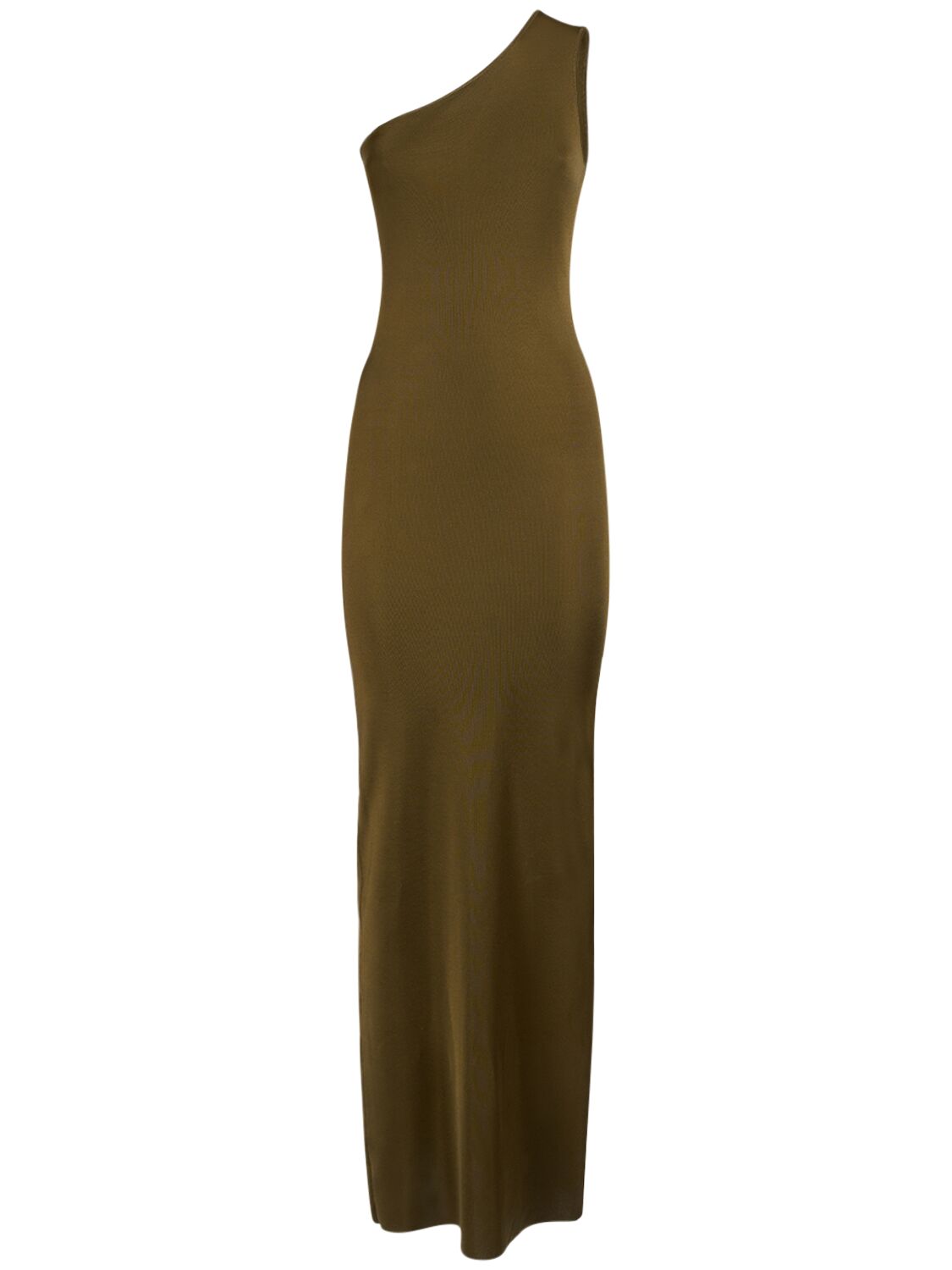 Shop Saint Laurent One Shoulder Long Silk Dress In Vert Mousse