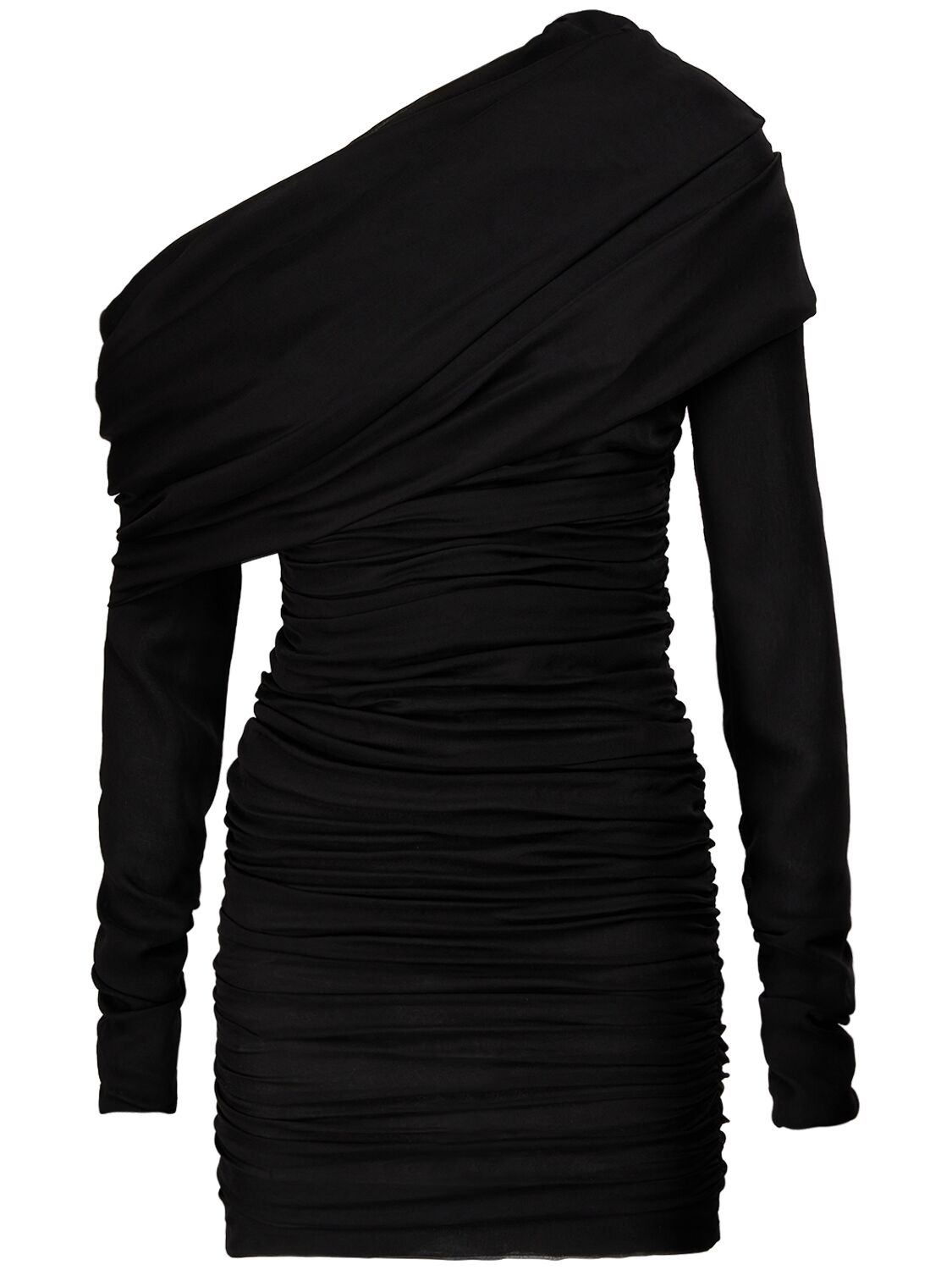 Saint Laurent One Shoulder Draped Silk Dress In Black