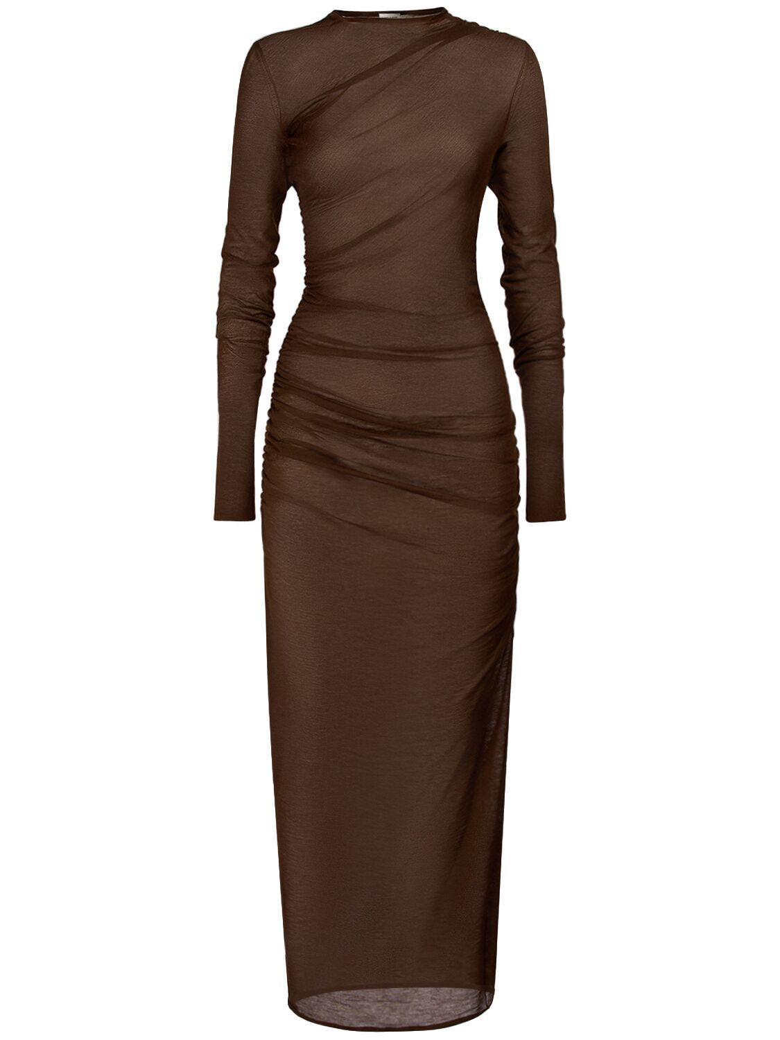 Saint Laurent Transparent Wool Blend Long Dress In Marron