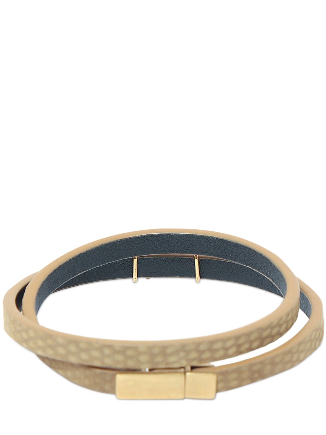 Shop Saint Laurent Ysl Leather Double Wrap Bracelet In Beige,bronze