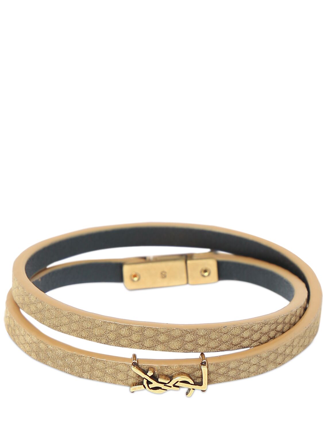 Saint Laurent Ysl Leather Double Wrap Bracelet In Beige,bronze