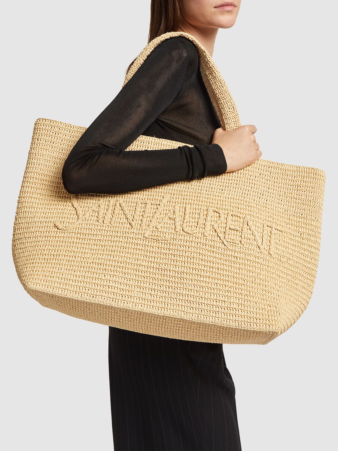 Shop Saint Laurent Raffia Blend Tote Bag In Naturel