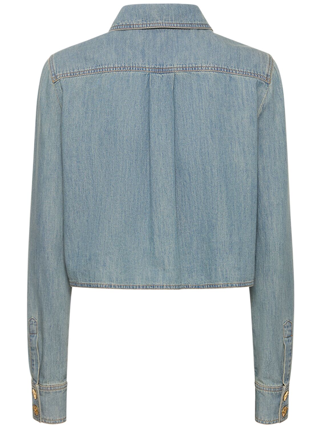 Shop Moschino Cotton Chambray Cropped Shirt In Light Blue