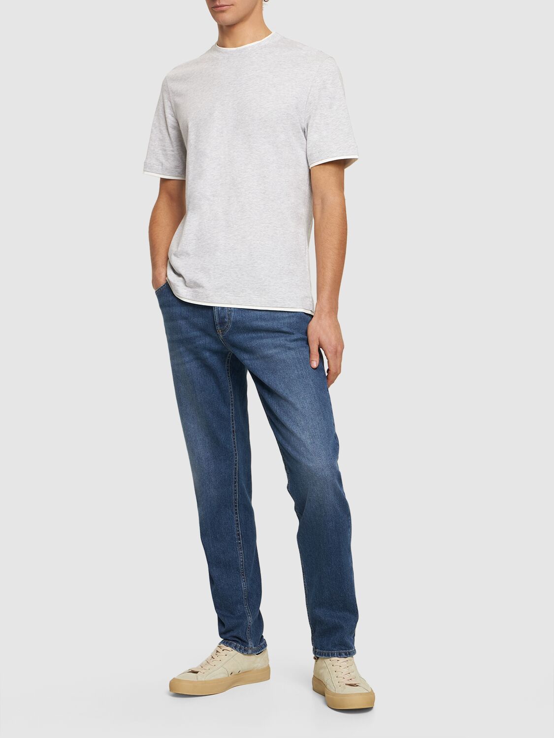 Shop Brunello Cucinelli Layered Cotton Jersey Solid T-shirt In Grey