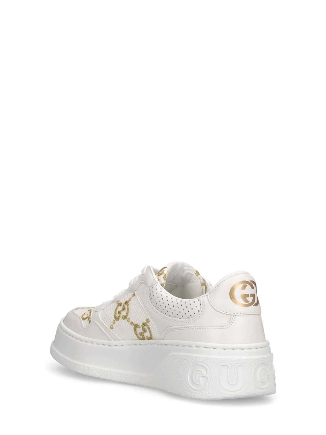 Shop Gucci 50mm Gg Leather Sneakers In Weiss,gold