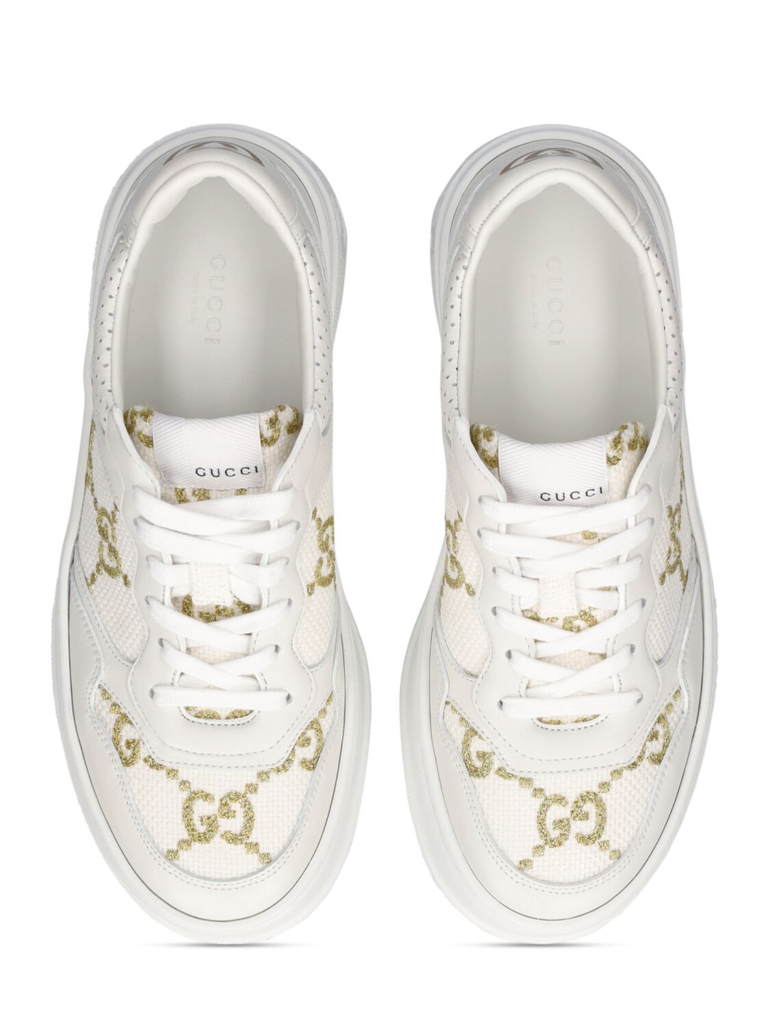 Shop Gucci 50mm Gg Leather Sneakers In Weiss,gold