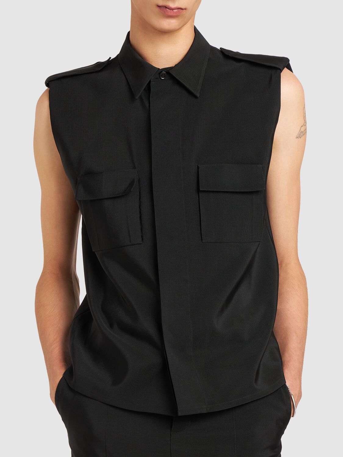 Shop Saint Laurent Saharienne Wool Blend Sleeveless Shirt In Black