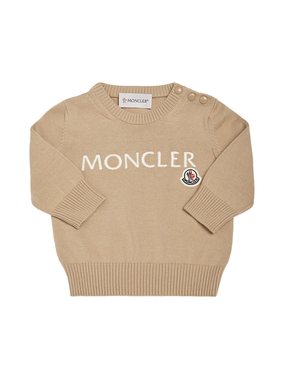 Shop Moncler Cotton Knit Crewneck Sweater In Beige