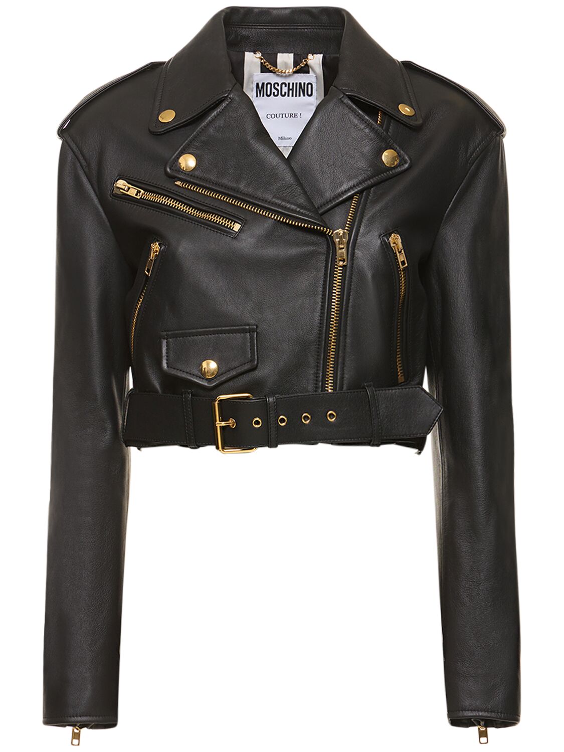 Moschino Belted Leather Cropped Logo Jacket In Black