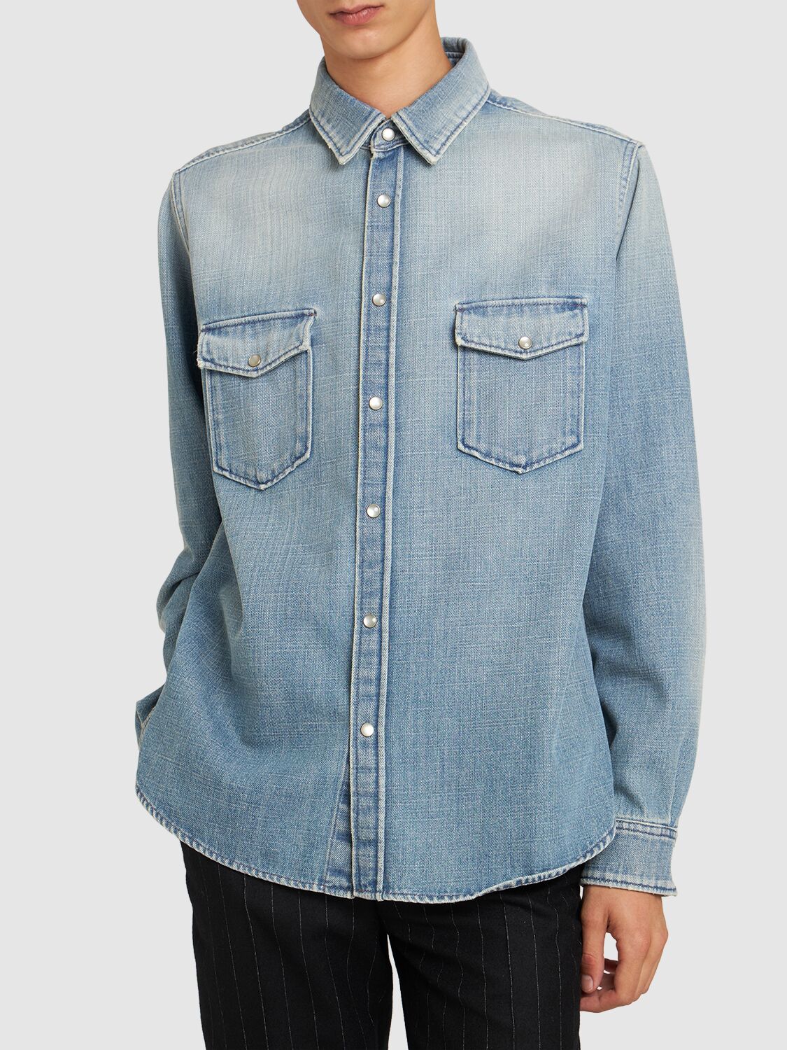 Shop Saint Laurent Oversize Cotton Denim Shirt In Light Blue
