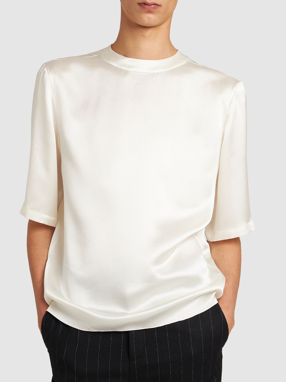 Shop Saint Laurent Silk Crepe T-shirt In Craie