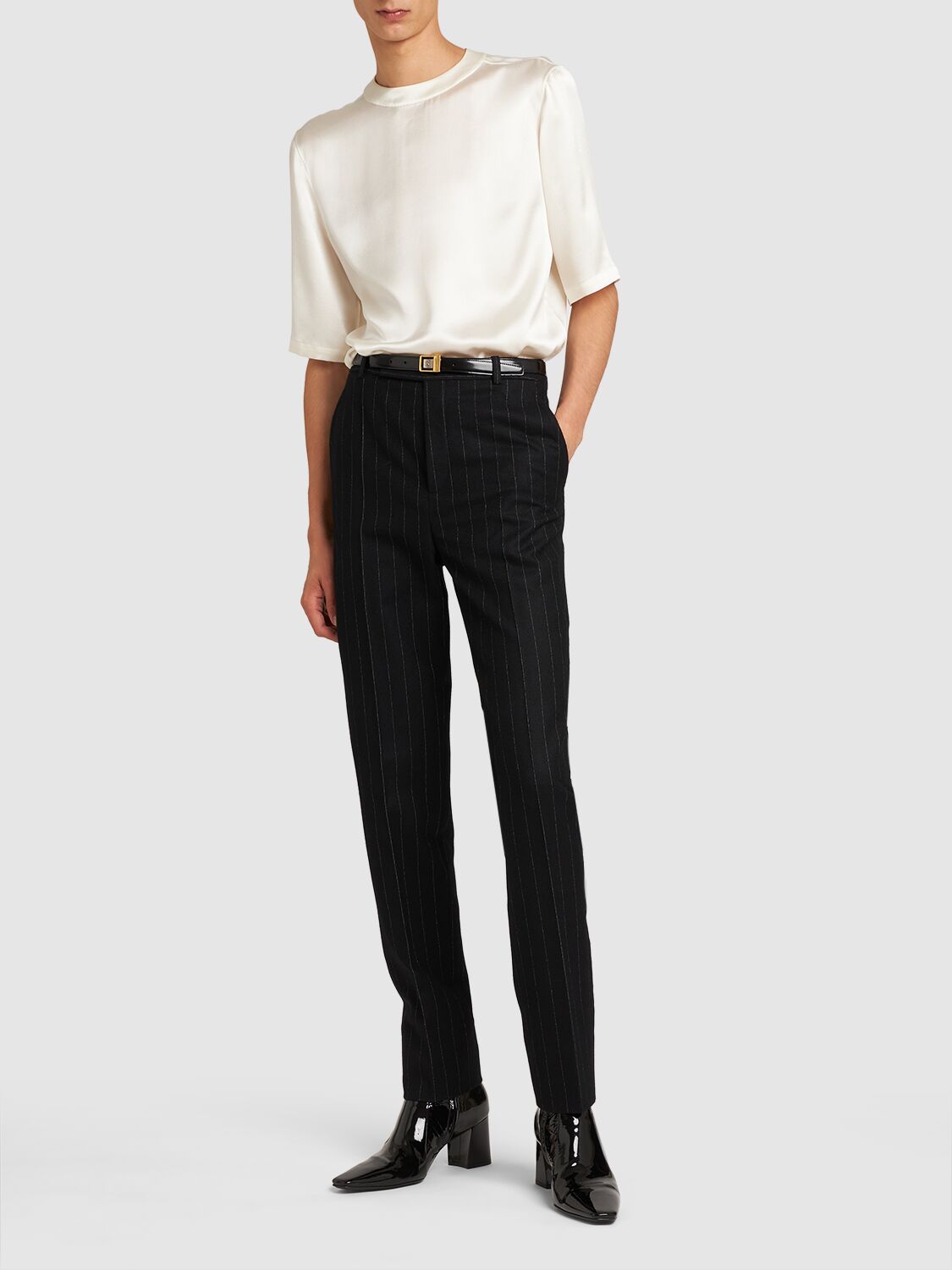 Shop Saint Laurent Silk Crepe T-shirt In Craie