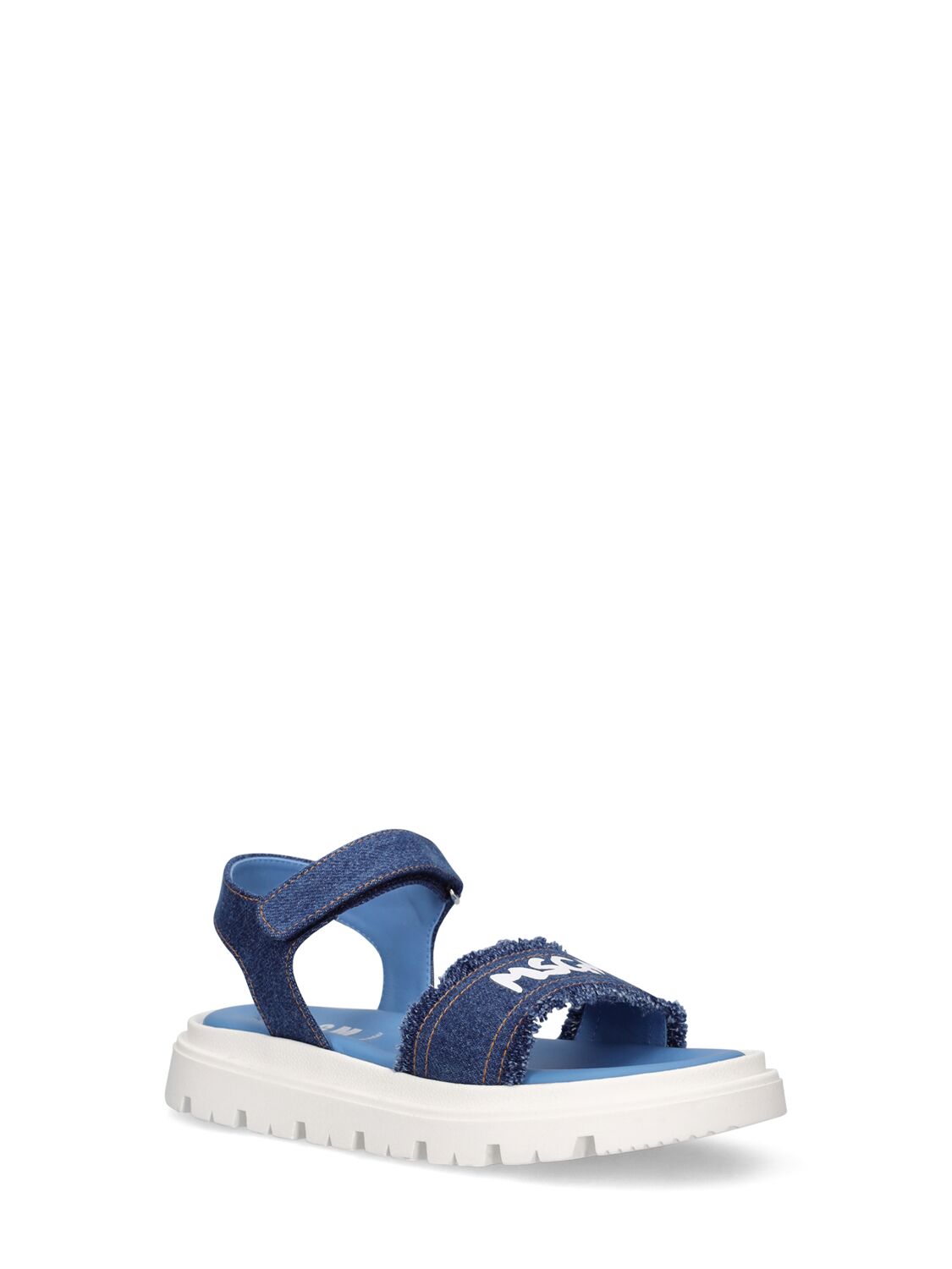 Shop Msgm Logo Cotton Denim Strap Sandals In Blue
